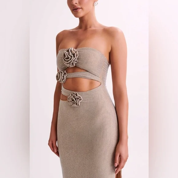 Meshki-  Stassie embellished Nude Strapless Flower Rose Diamante Maxi Dress - Picture 12 of 17